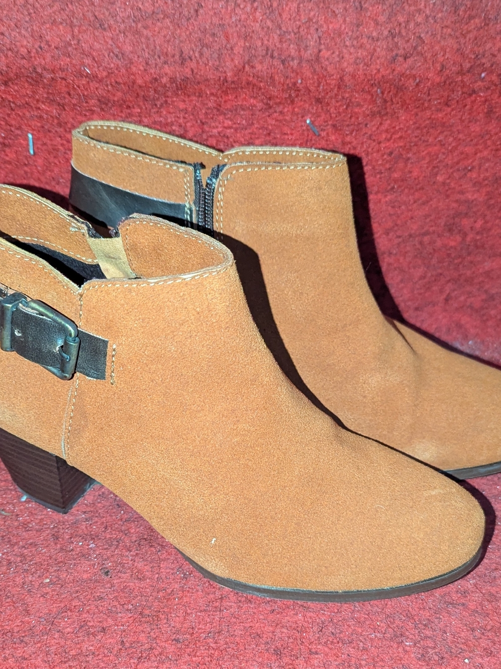 Women's Suede Ankle Bootie in Cognac with Buckle